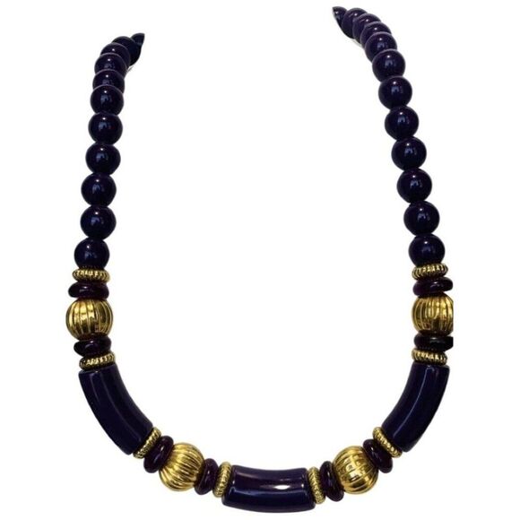 Trifari Womens Dark Purple Chunky Beaded Gold Tone Princess Vintage Necklace 18” - Picture 5 of 7